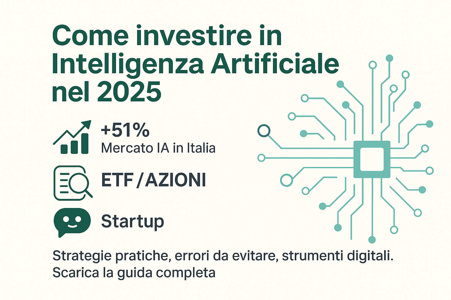 Scopri dove puntare, come iniziare, cosa evitare. 🚀 L’IA è la nuova frontiera degli investimenti: nel 2023 il mercato italiano è cresciuto del +51%! In questa guida pratica trovi: ✅ Strategie per investire oggi in ETF, azioni e startup ✅ Casi studio italiani reali e attuali (SESA, indigo.ai, iShares RBOT) ✅ Checklist operativa per agire subito e proteggere il tuo capitale ✅ Gli strumenti digitali essenziali per investire anche da principiante ✅ Gli errori da evitare e le strategie avanzate 2025